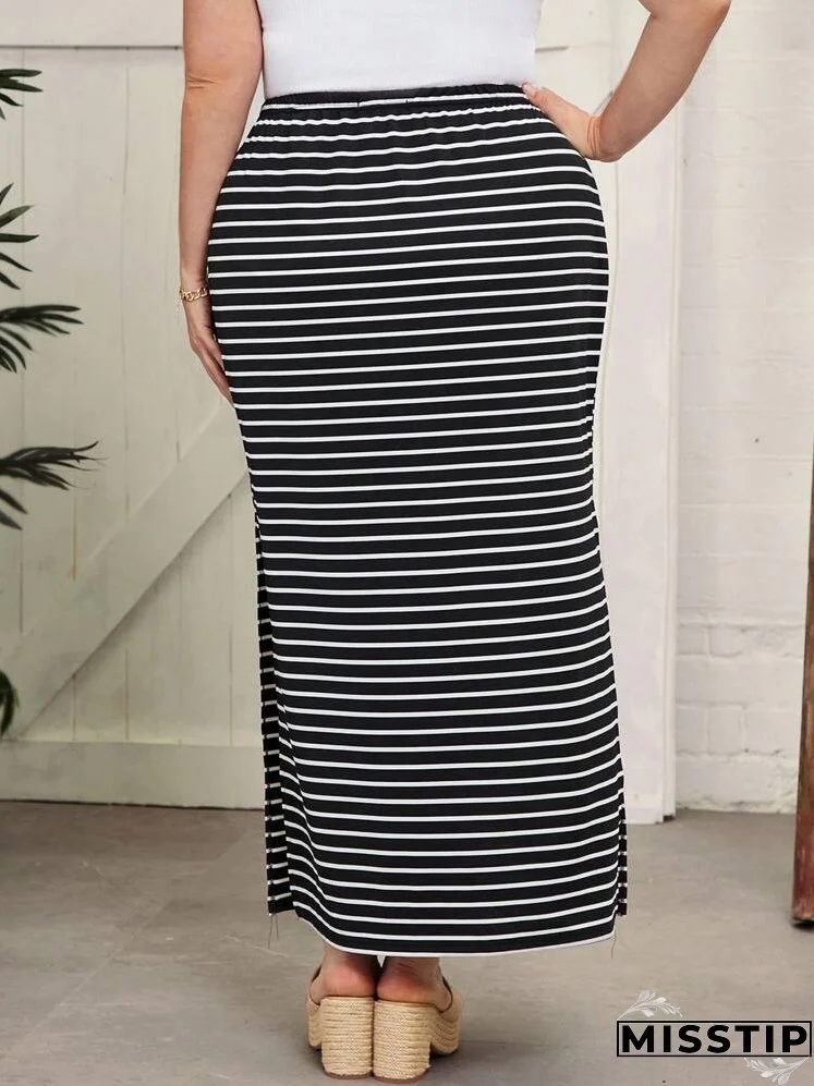 Plus Striped Split Hem Skirt Without Belt