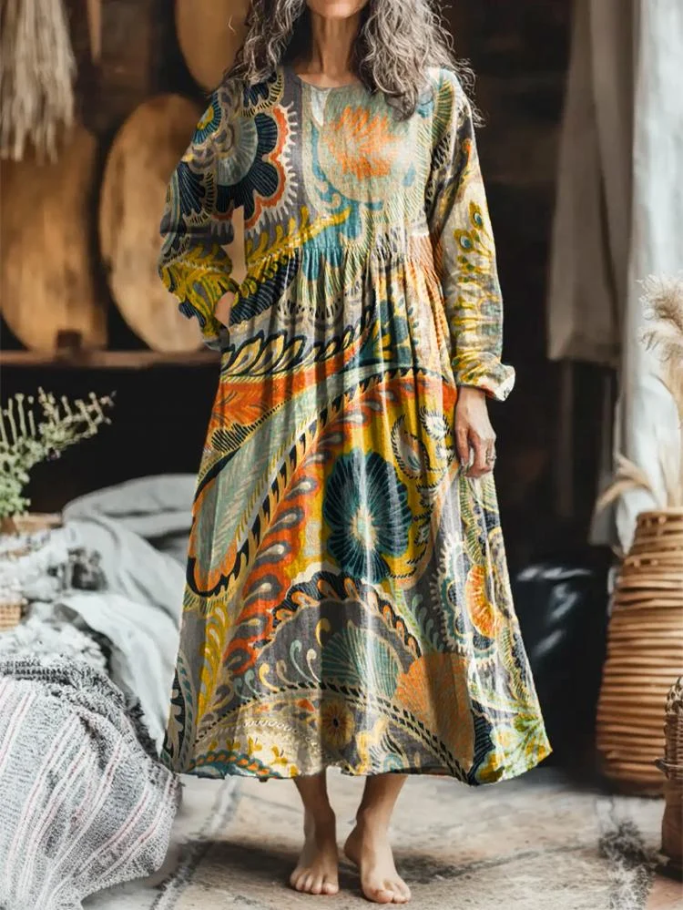 Women's Ethnic Paisley Art Pattern Print Pocket Cotton Dress