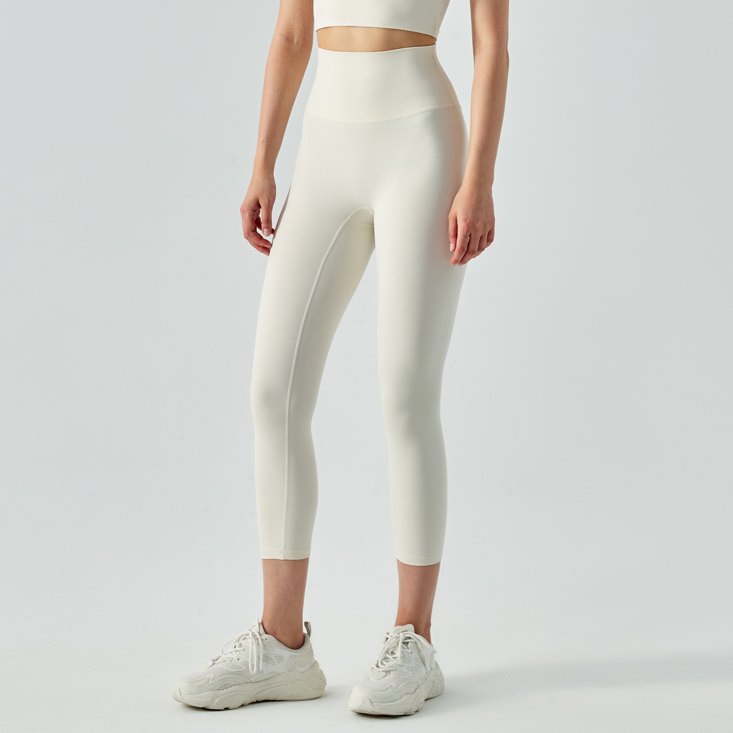 Shop no camel toe high waist buttery soft brushed stretchy yoga capri leggings online on Hergymclothing Ivory White