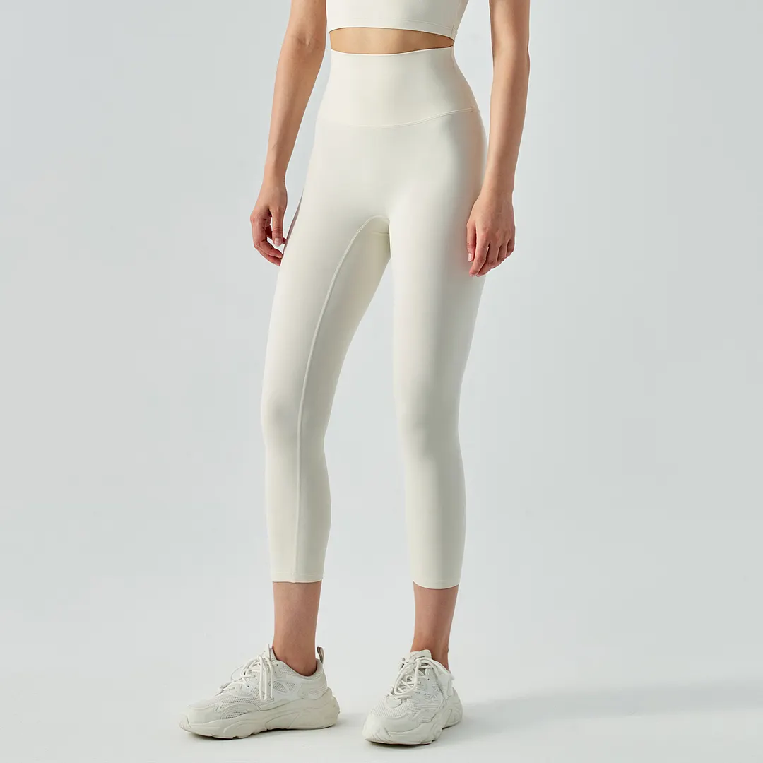 Shop no camel toe high waist buttery soft brushed stretchy yoga capri leggings online on Hergymclothing Ivory White