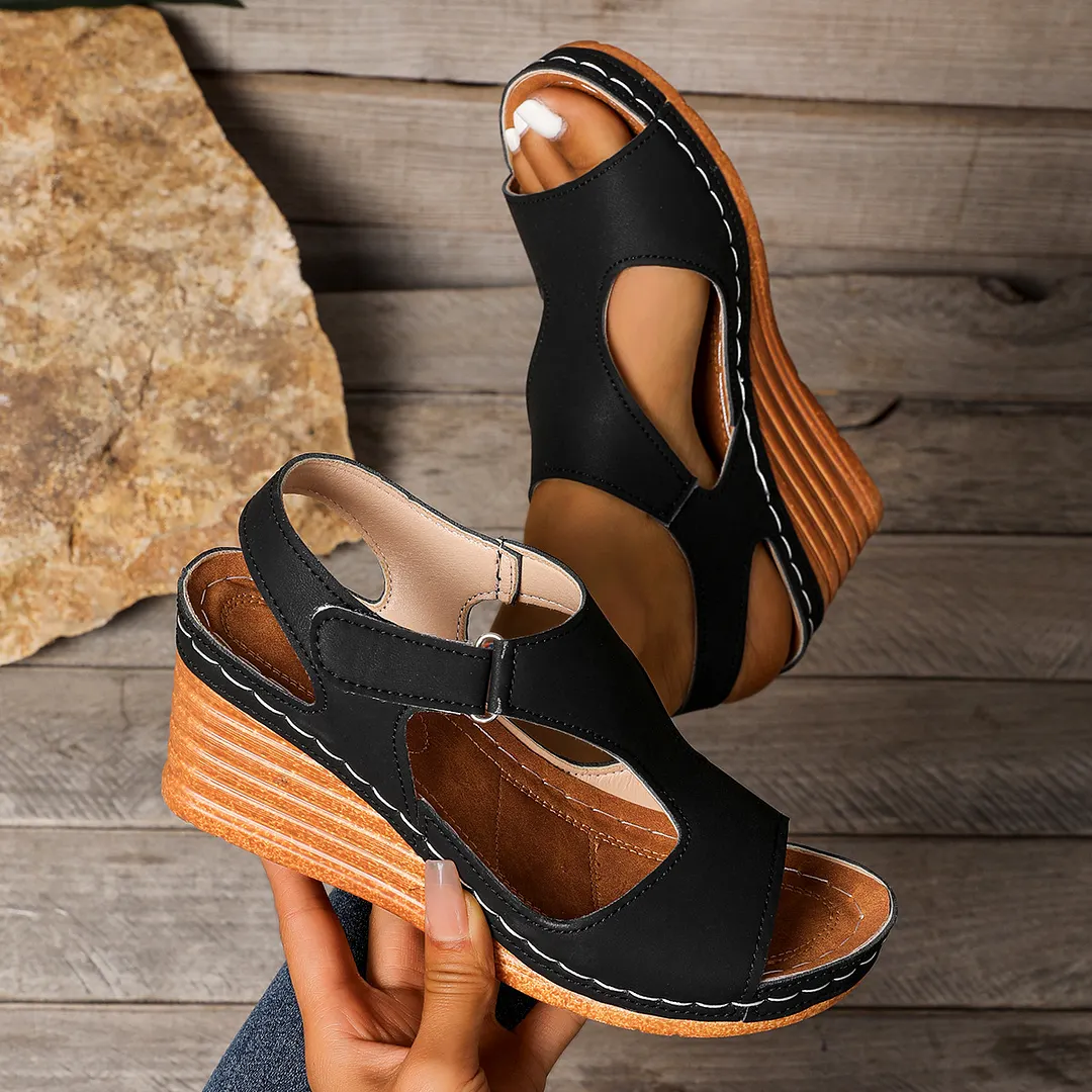 Breakj Breakj New 2025 Large-Size Sandals Women's Car Sewing Breathable Magic Sticker Hollow Slope Heel Sandals Woman