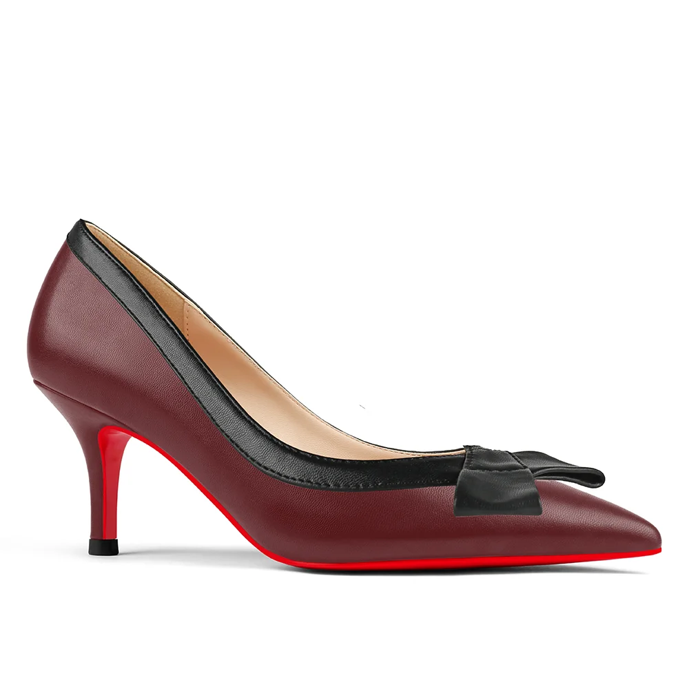 60mm Pointed Toe Bowknot Red Bottom Kitten Heels Daily Matte Pumps for Women-MERUMOTE