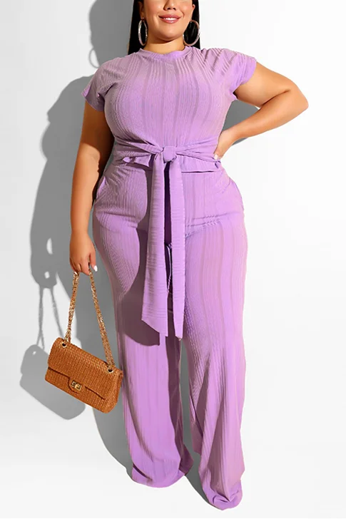 Light Purple Fashion adult Sexy O Neck Solid Two Piece Suits Bandage | EGEMISS