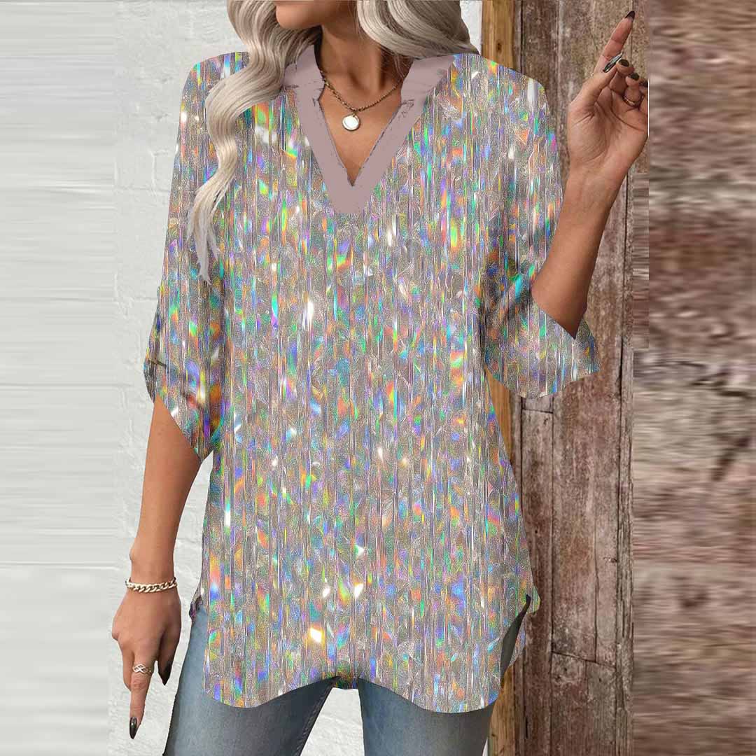 Women Silver, Shiny DZGA0344 3/4 Sleeve V-neck Printed Graphic Button Tops
