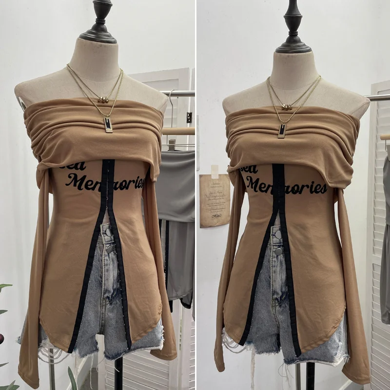 Nigikala Nigikala Picts Single-Layer Mesh Yarn Micro-Sleeved T-Shirt Word Shoulder-Pollid Letter Open Fork Top 1180