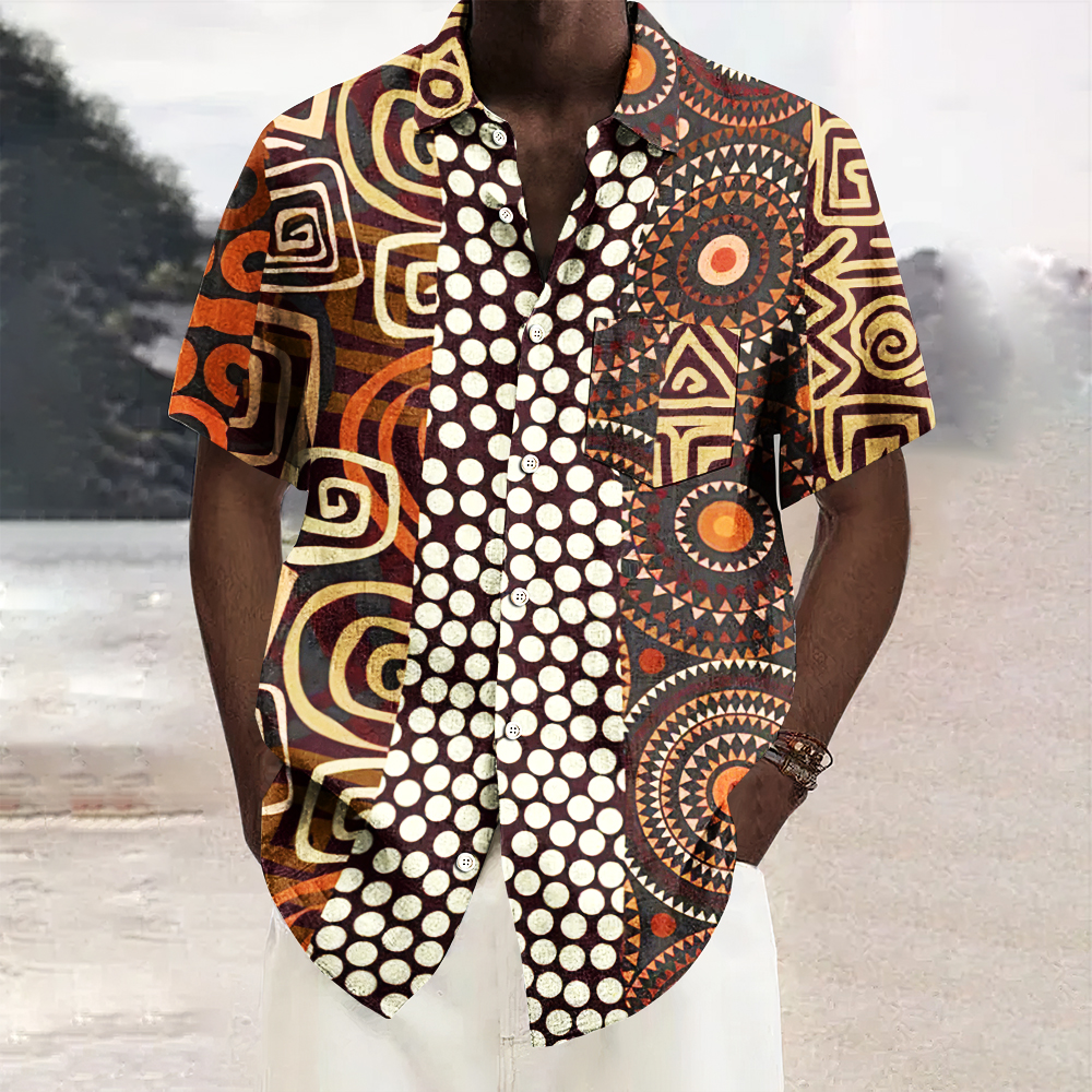 Men's Vintage African Traditional Abstract Art Print Linen Blend Shirt