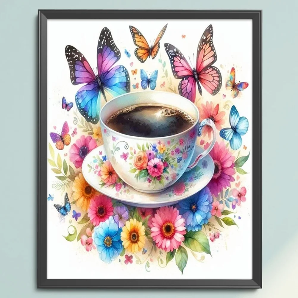 11CT Full Stamped Cross Stitch - Flower Butterfly Coffee(Canvas|40*50CM)