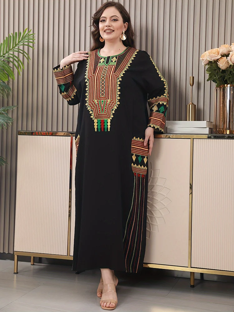 Elegant Black Jalabia Dress With Colorful Embroidery - Traditional Arabian Kaftan For Women, Loose Fit, Three-Quarter Sleeves, Summer Eid & Ramadan Attire, Eid Attire | Traditional Arabian Dress | Decorative Button