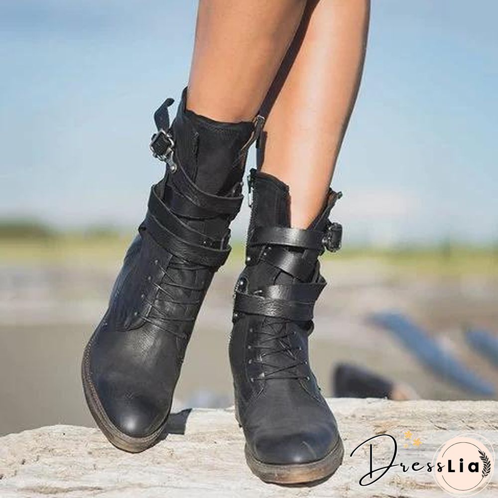 Women Retro Ankle Boots High-cut Martin Boots with Zipper