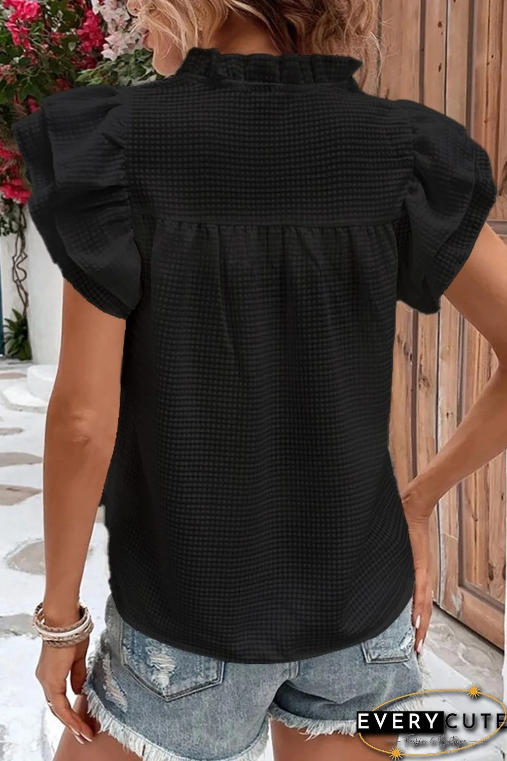 Black Ruffle Accent Flutter Sleeve Notch Neck Top
