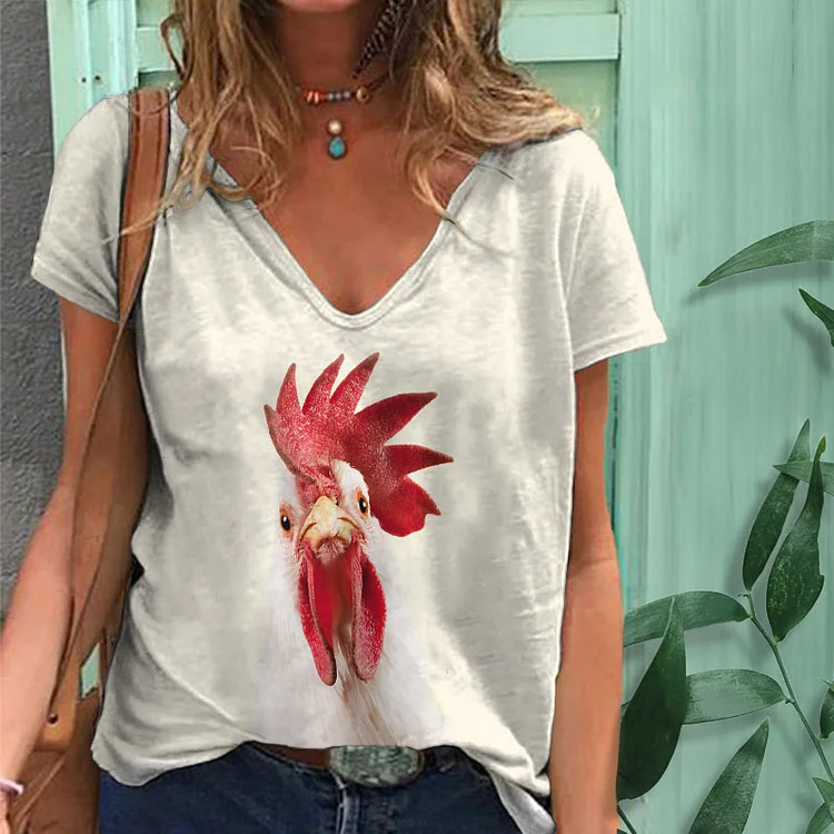 Wearshes Rooster Print Short Sleeve V-Neck T-Shirt