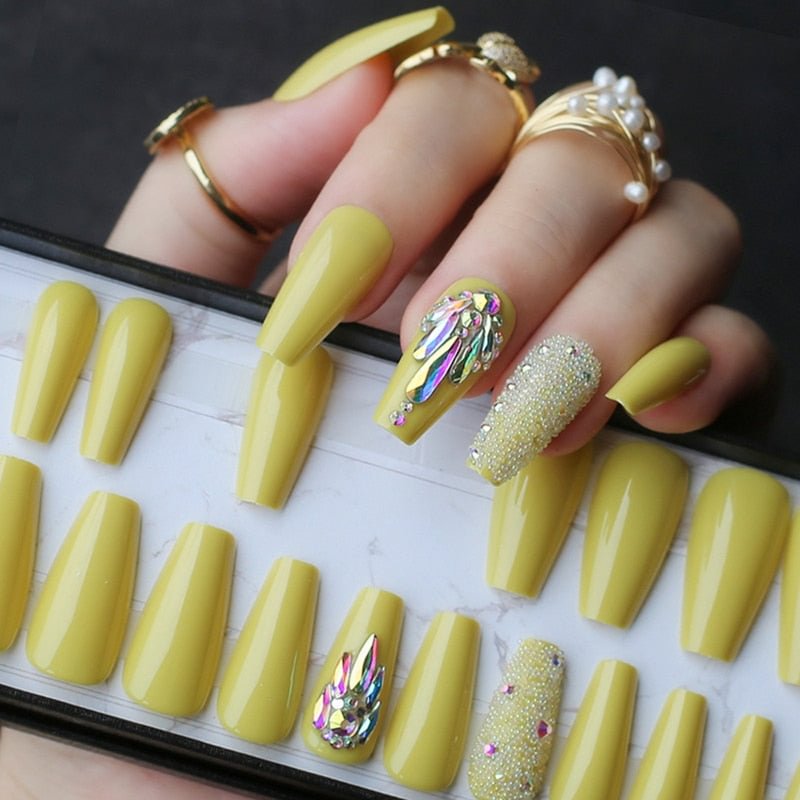 Lemon yellow ballet false nails Cute summer fake nails coffin AB rainbow Small diamond press on nails Adhesive tabs sticker