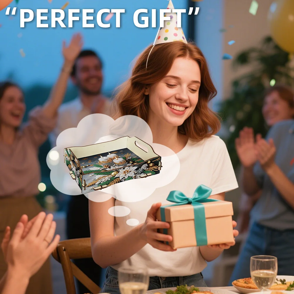 5D DIY Candle Diamond Painting Wooden Serving Tray with Handle for Coffee Table