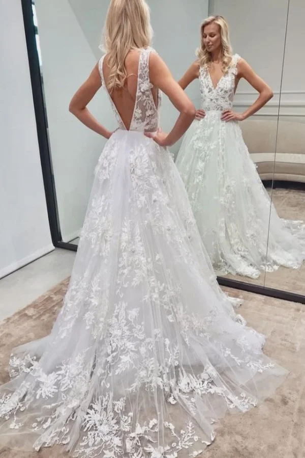 Daisda Elegant Long A-line V-neck Backless Wedding Dress With Tulle Lace 