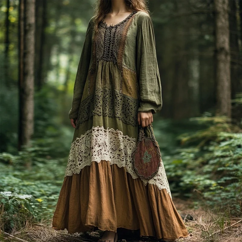 Vintage Lace Patchwork Flowy Linen Maxi Dress