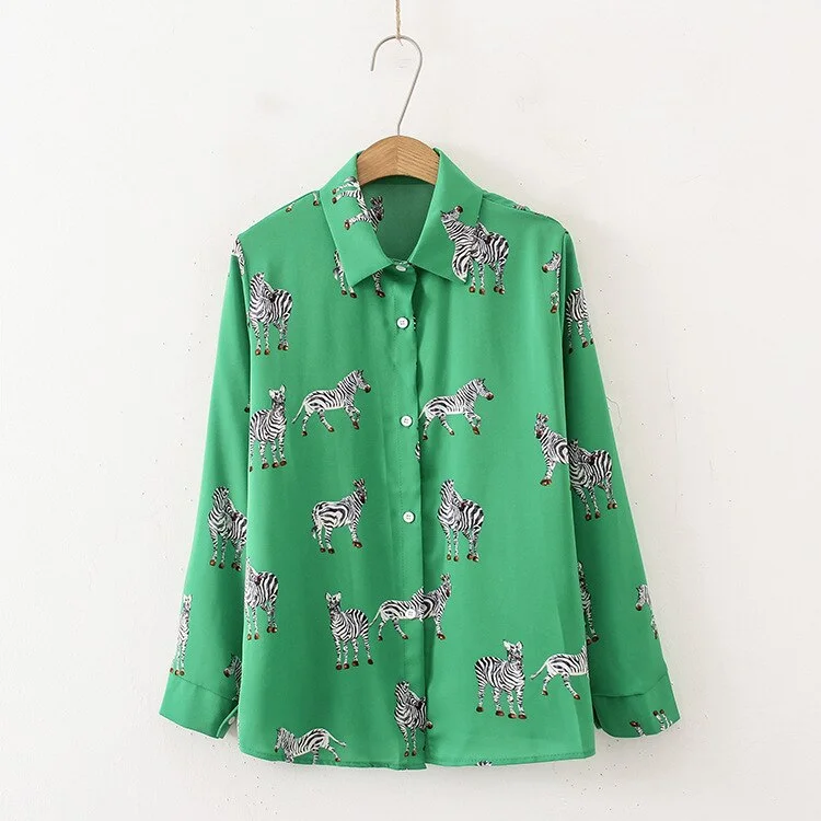 Women Satin Blouse Long Sleeve Zebra Print Shirts Vintage Office Ladies Tops Femme 2021 Fashion Loose Blusa De Mujer Casual