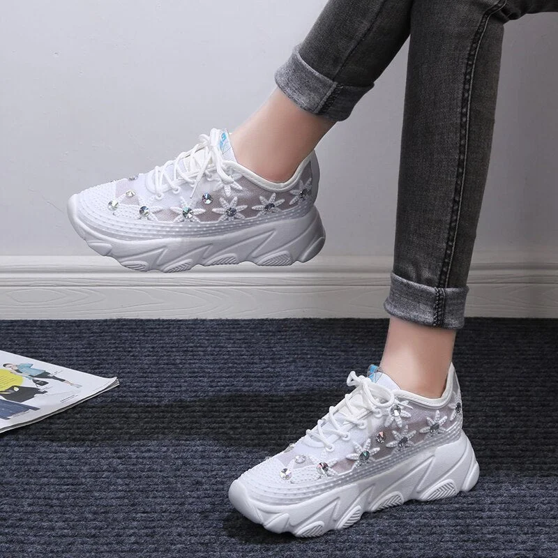 Breathable Air Mesh Crystal Sneakers Women Rhinestones Floral White Casual Shoes Woman Fashion Chunky Platform Trainers