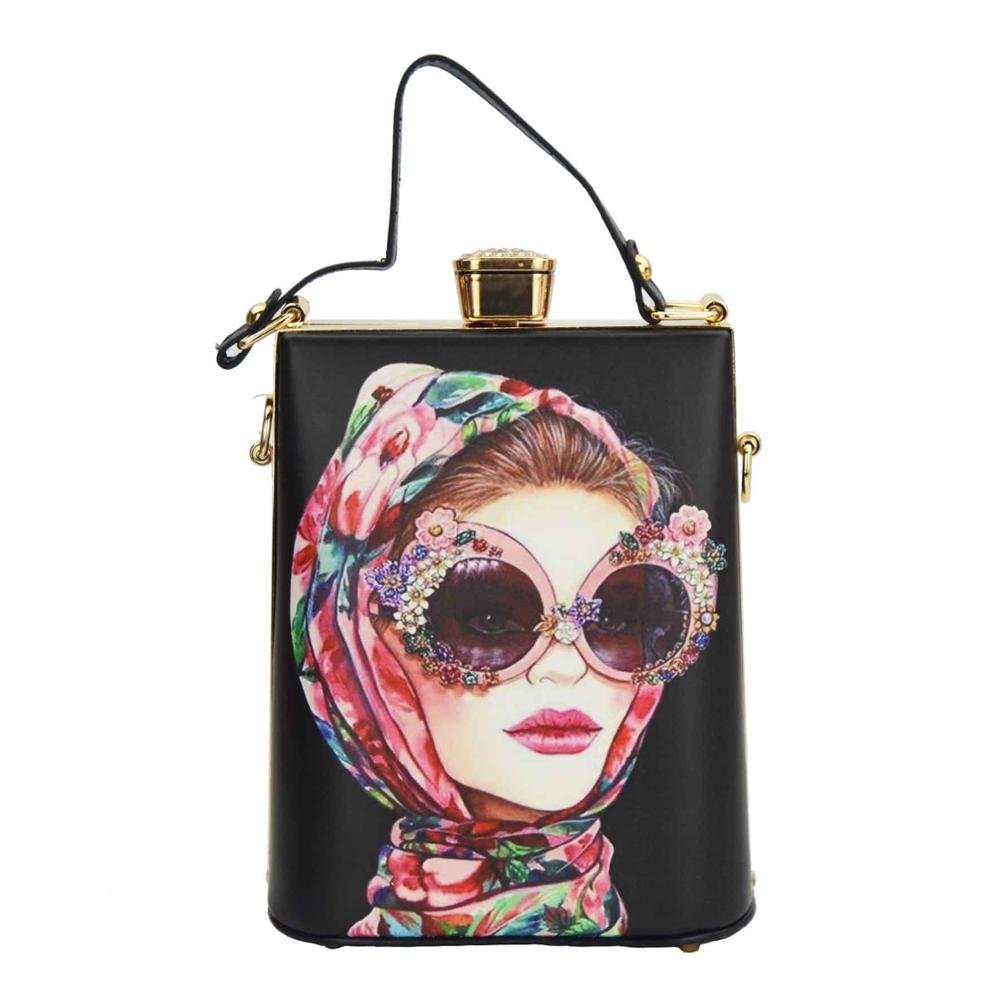 Fashion Cartoon Characters face Painting Bag PU Women Clutches Totes Bag Party Handbags LadY Crossbody Bag Evening Clutch Purse