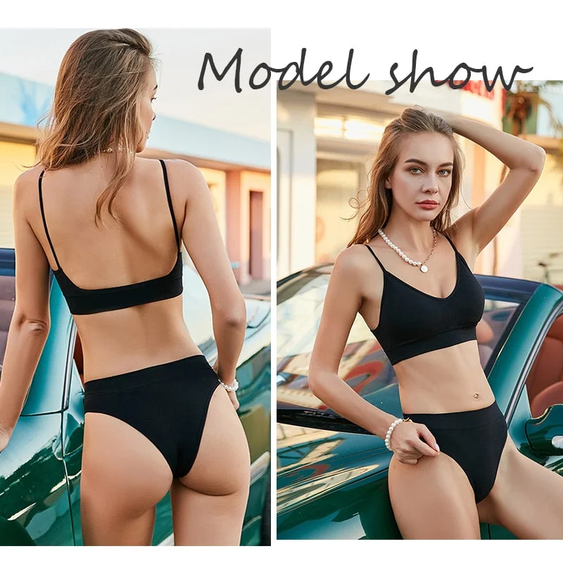 FINETOO Women Padded Bra Brazilian Panties Set Seamless Tops Sports Bra Set Sexy Thongs Girl Lingerie Fitness Crop Top Underwear