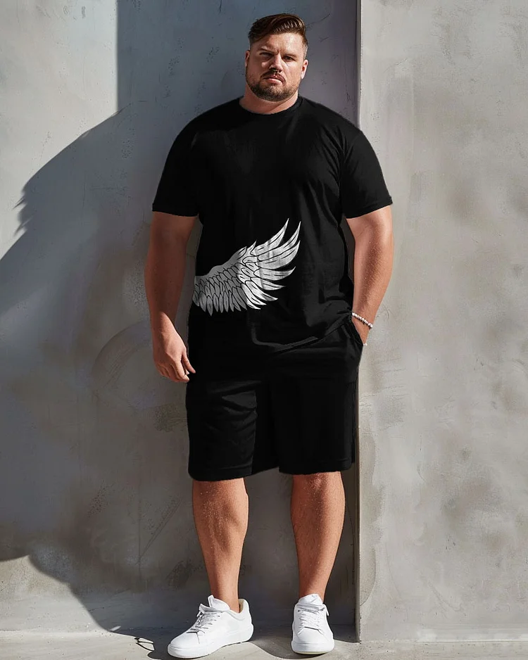 Men's Plus Size Casual Simple Feather Print T-Shirt Shorts Suit