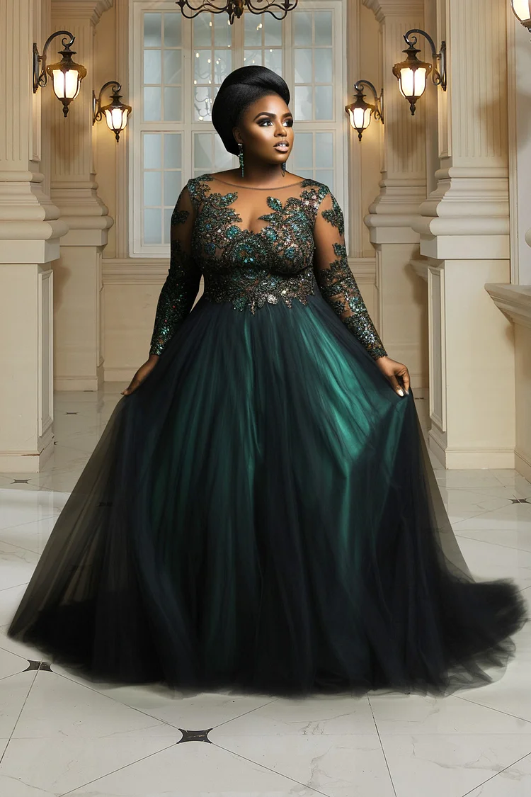 Xpluswear Design Plus Size Evening Gowns Green Long Sleeve Tulle Maxi Dresses [Pre-Order]