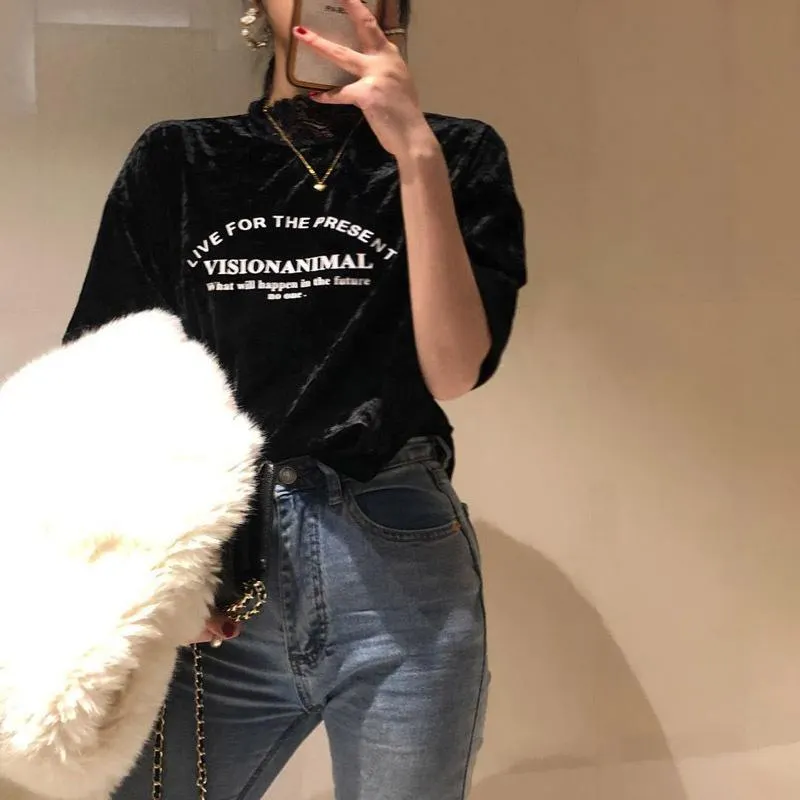 Round Neck Letter Printed Velvet Top