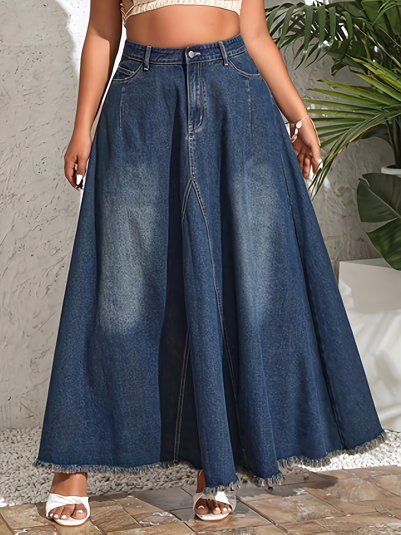 Vintage Plus Size High Waist Flared Denim Skirt with Pockets, Mid-Length Machine-Washable