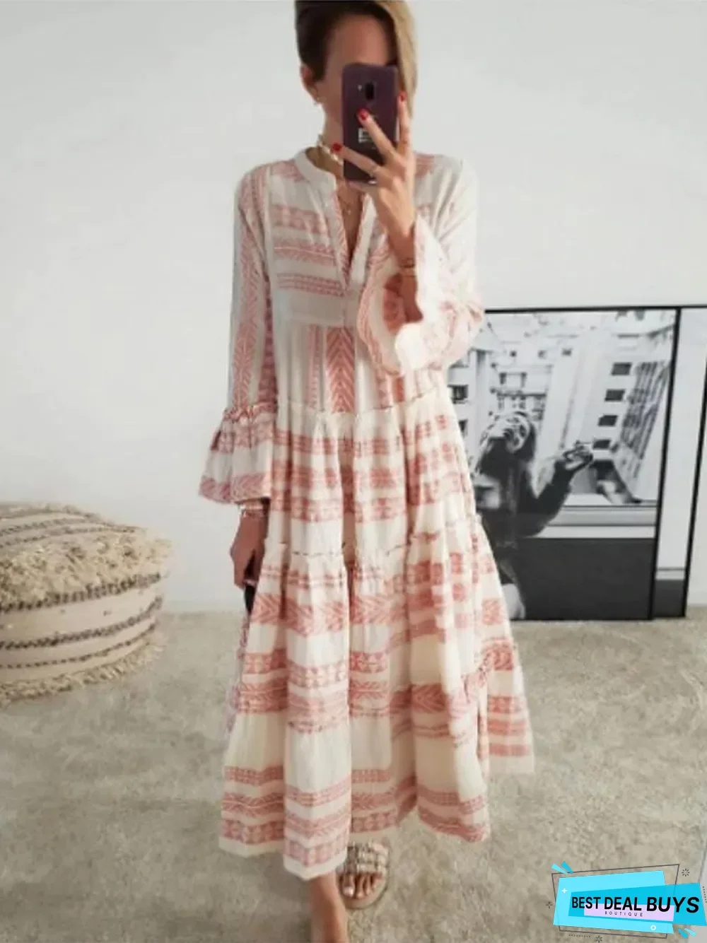 Women's Swing Dress Maxi Long Dress - 3/4 Length Sleeve Geometric Print Spring Summer Casual Vacation Dresses Flare Cuff Sleeve Red Gray