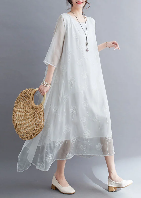Simple White O Neck Embroideried Patchwork Chiffon Dresses Summer