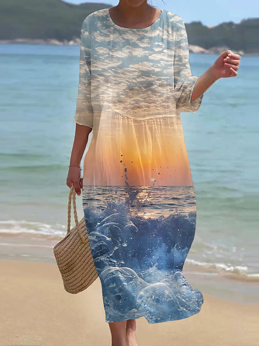 Women's Retro Round Neck Wave Art Long Dress