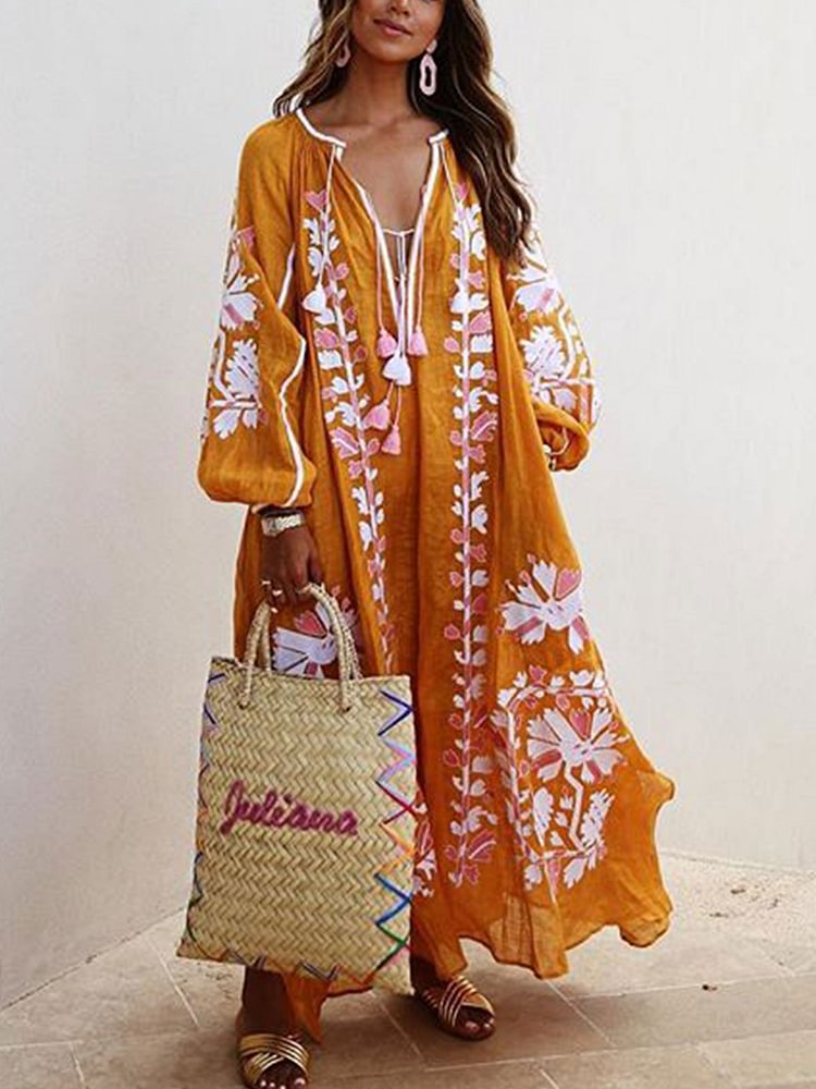 Women's Balloon Sleeves Boho Printed Maxi Dresses