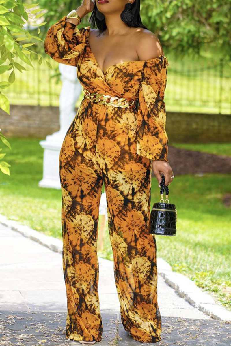 Sexy Print Split Joint V Neck Boot Cut Jumpsuits