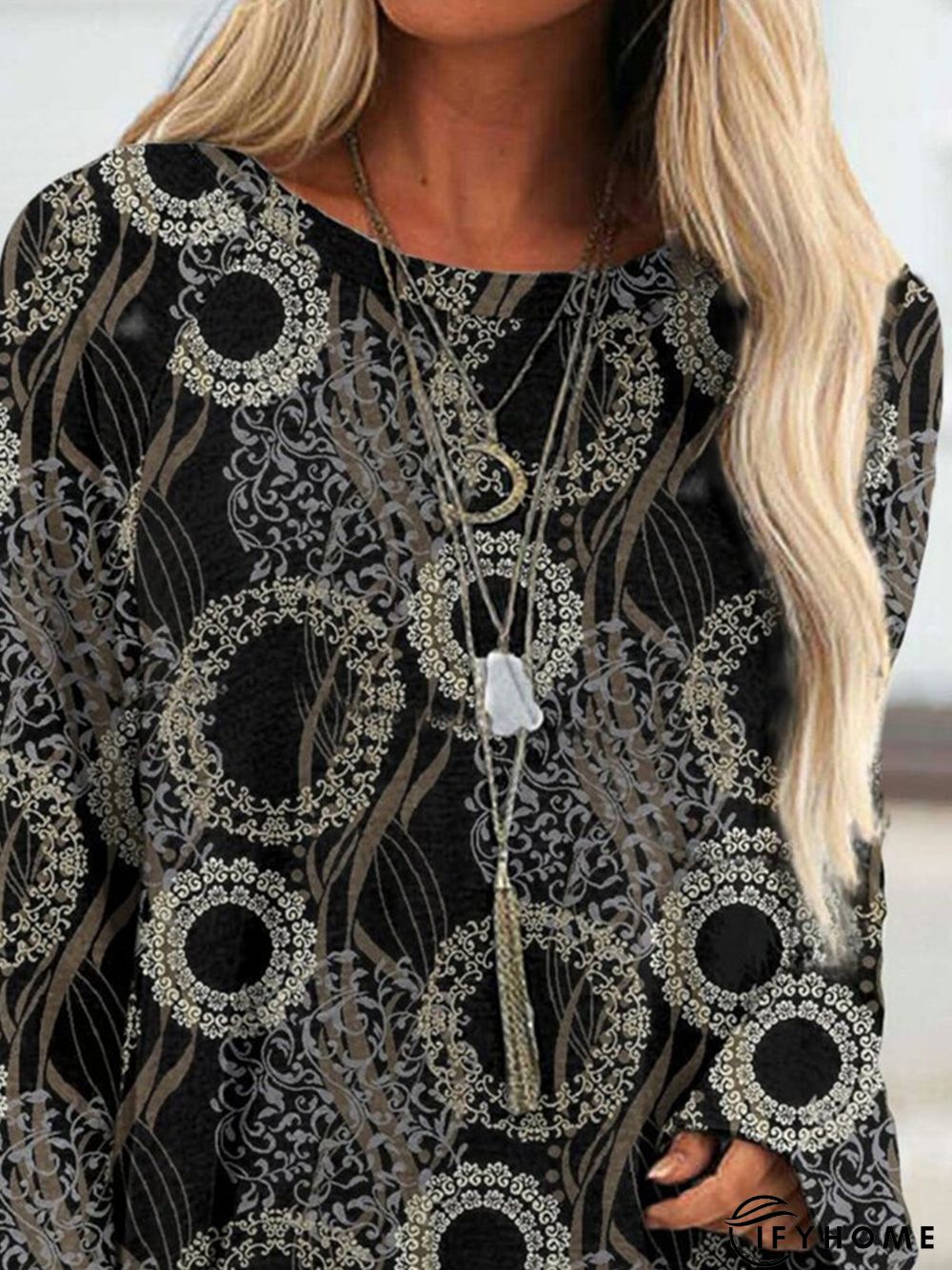 Vintage Color-block Geometric Printed Long Sleeve Crew Neck Casual Tunic Top | IFYHOME