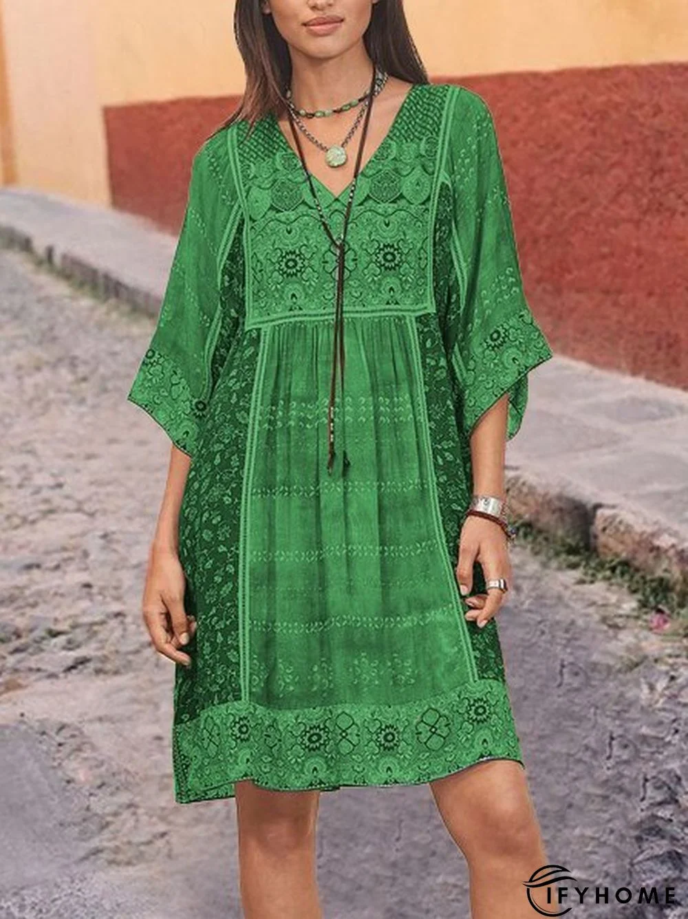 Women Half Sleeve V-Neck Vintage Floral Casual Midi Dress | IFYHOME