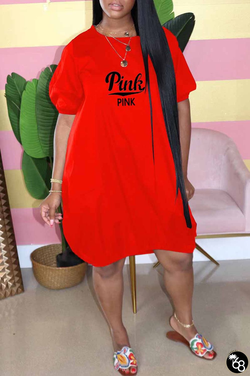 Red Casual Print Letter O Neck Lantern Skirt Dresses | 168DEAL