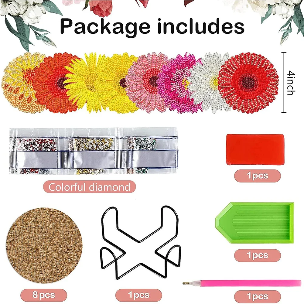 8pcs DIY Flower Diamond Crafts Coasters with Holder Acrylic DIY Coaster