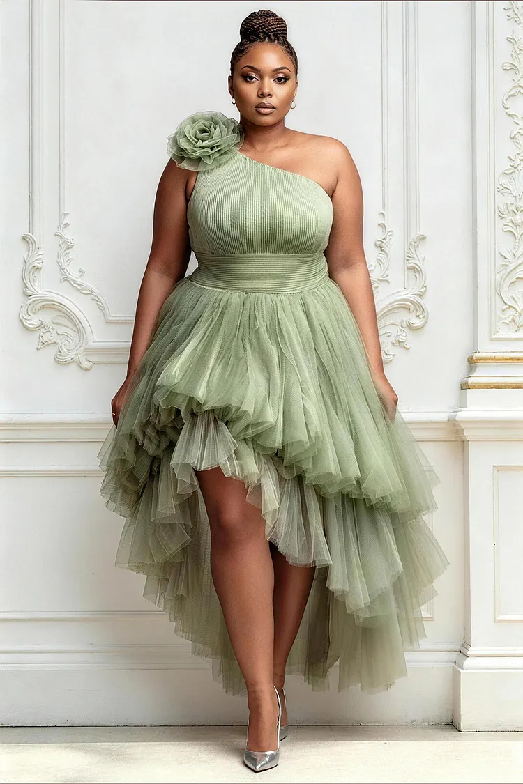 Xpluswear Design Plus Size Cocktail Party Sage Green One Shoulder High Low Hem 3D Tulle Midi Dresses [Pre-Order] 2024 - Xpluswear