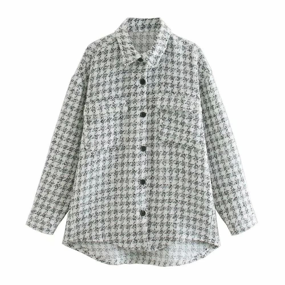 2021 New Women Jacket Oversized Thicken Warm Casual Fashion Checked Tweed Textured Women Coat Outfits Tops
