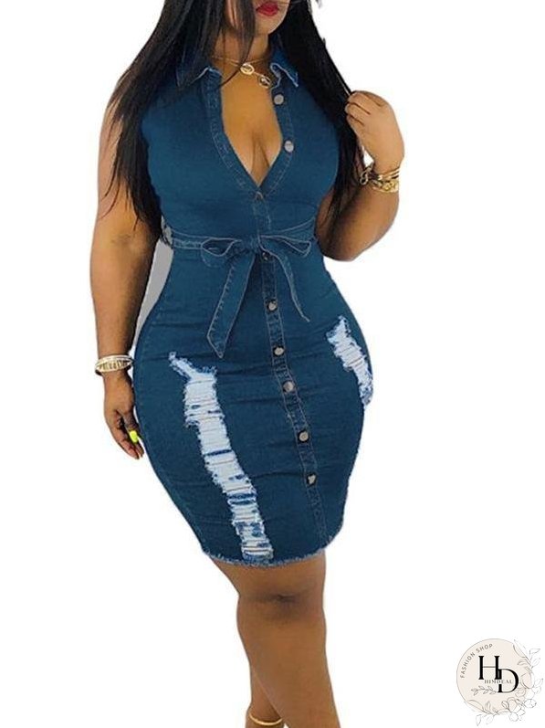 Distressed Denim Button Sleeveless Frayed Mini Dress With Belt for Women