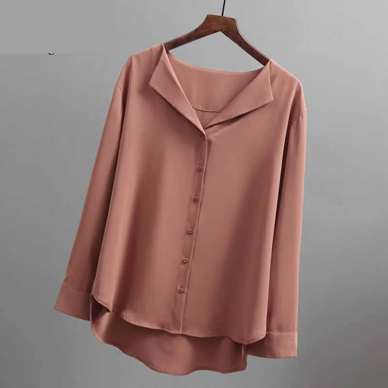 2021 Fashion Long Sleeve Chiffon Blouse Women Brown White Shirts Tunics for Women Office Style Silk Shirt Woman Blouse 5104 50