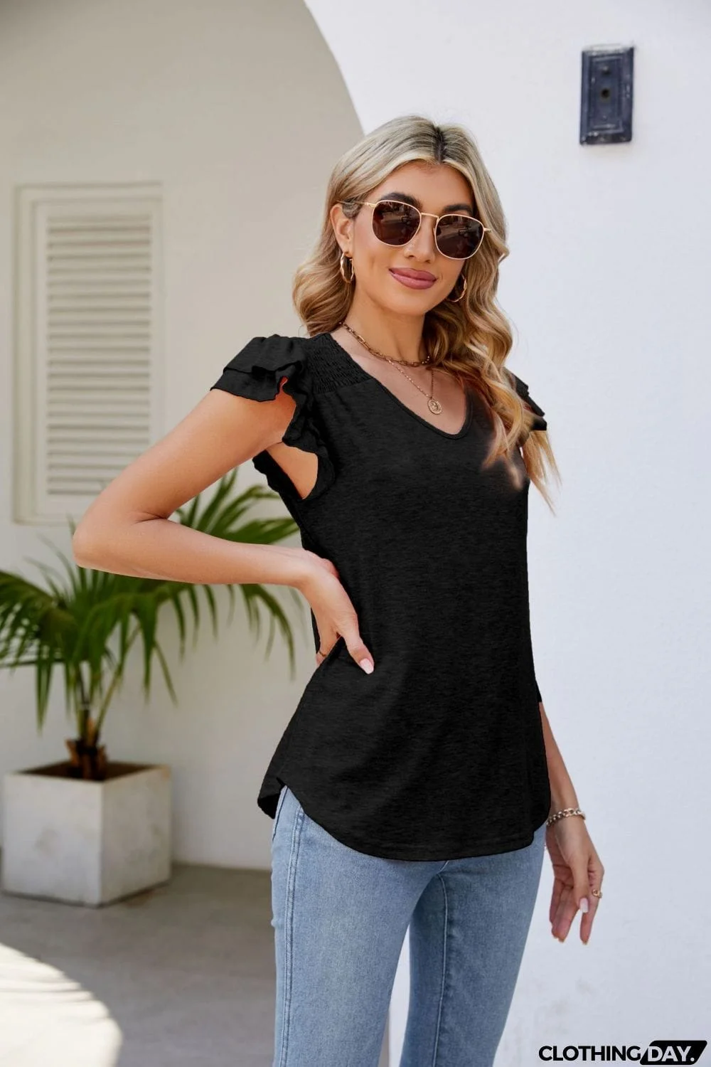 Smocked Flutter Sleeve V-Neck Top