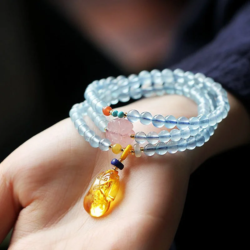 Natural Aquamarine Amber Flower Cheongsam Charm Healing Bracelet
