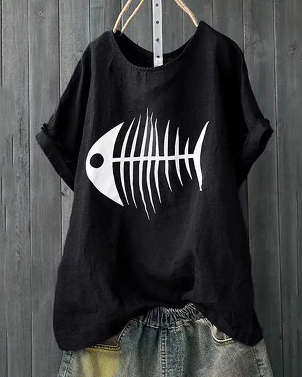 casual short sleeve crew neck fish bone printed t shirts tops p118242