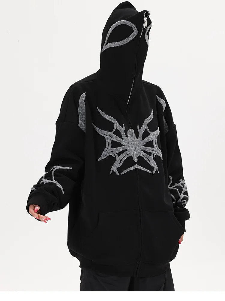 Spider Web Hip Hop Full Zip Up Hoodie Gothic Towel Embroidered Jacket