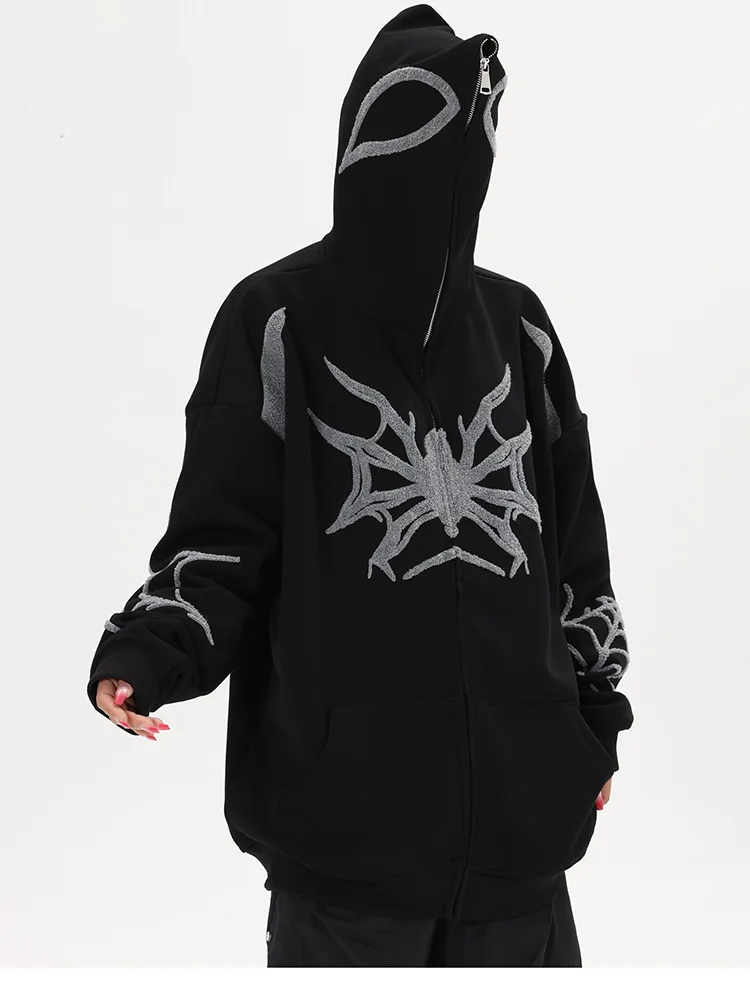 Spider Web Hip Hop Full Zip Up Hoodie Gothic Towel Embroidered Jacket at Hiphopee