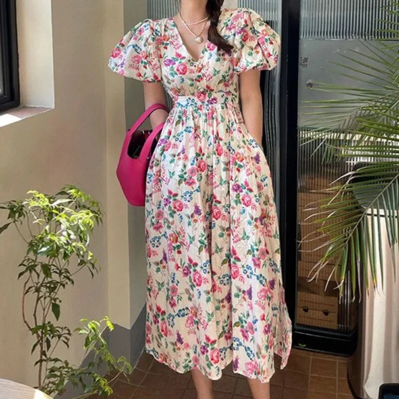 Oocharger Women Dresses Floral Puff Sleeve Vintage Sweet Elegant Spring Summer Vestidos Korean Fashion Robe Femme A-line