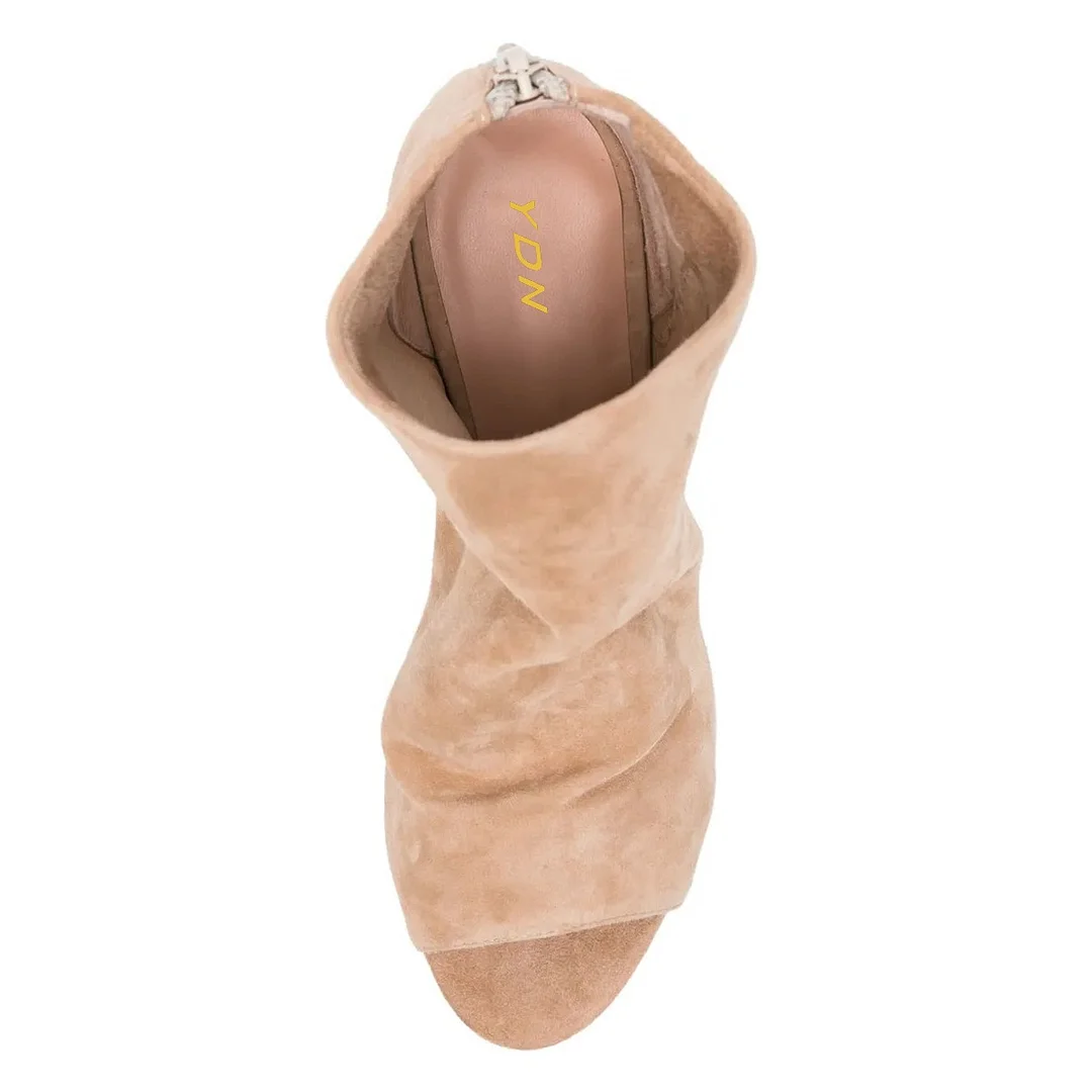 Beige Vegan Suede Open Toe Back Zipper Ruched Kitten Heel Boots