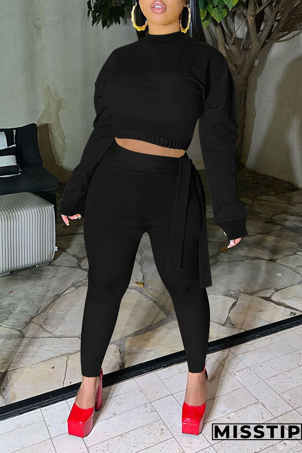 Red Casual Solid Patchwork O Neck Long Sleeve Two Pieces