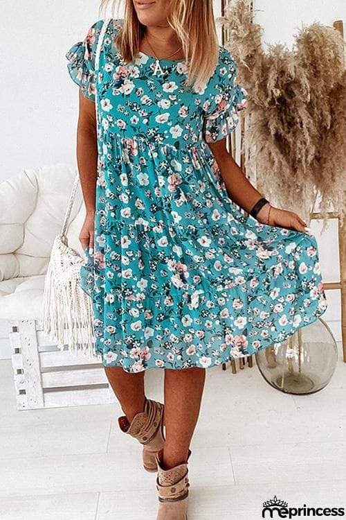 Floral Print Ruffles Midi Dress