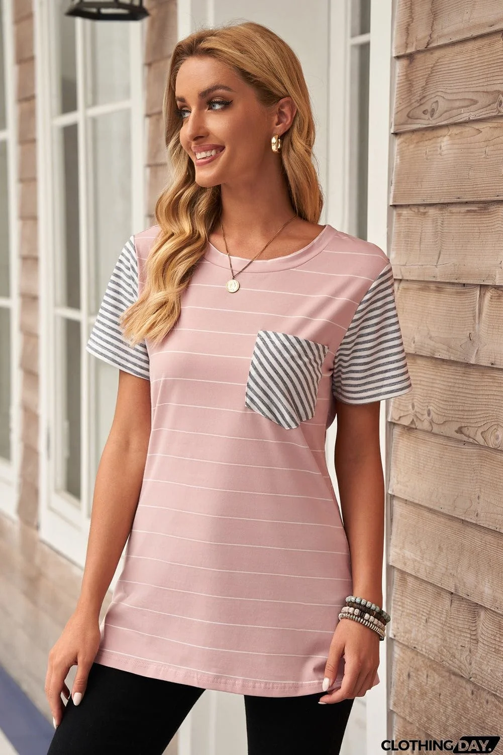Women's Pink Striped Short Sleeve Contrast Color T-Shirt with Pocket